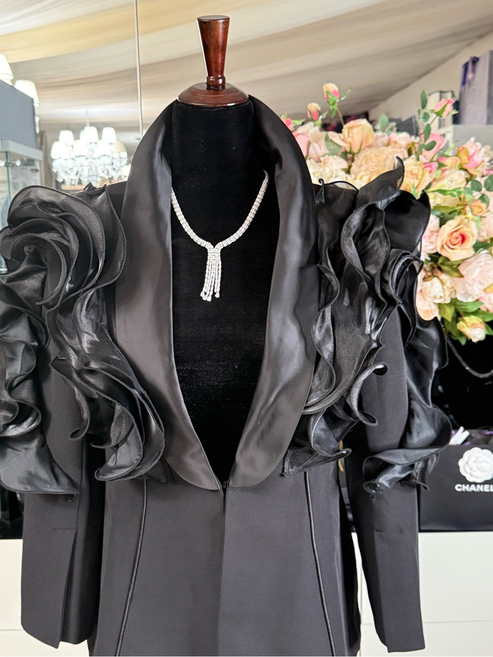 Elegant Black Ruffle-Shoulder Blazer with Satin Lapel